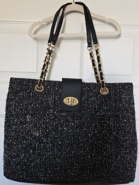 Talbots Black Tweed Tote with Gold Chain-Strap Accents